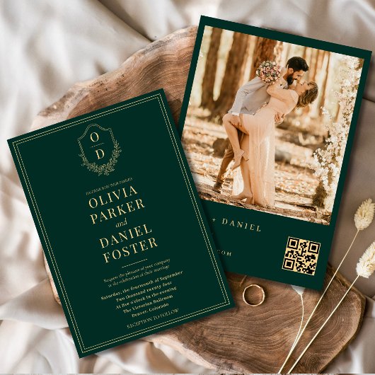 Smaragdgroene Gouden QR-code Wapen Foto Bruiloft Kaart