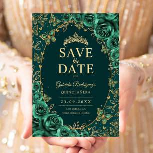 Smaragdgroene Gouden Quinceanera Bloemen Save The Date