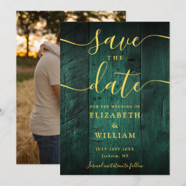 Smaragdgroene gouden roestieke schuur hout foto br save the date