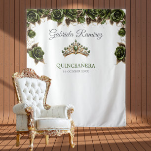 Smaragdgroene gouden rozen Quinceañera achtergrond Wandkleed