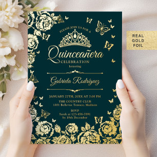 Smaragdgroene Gouden Rozen Vlinders Quinceanera Folie Uitnodiging