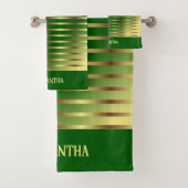 Smaragdgroene gouden strepen naam geometrisch bad handdoek (Insitu)