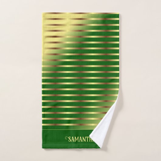 Smaragdgroene gouden strepen naam geometrisch bad handdoek (Handdoek)