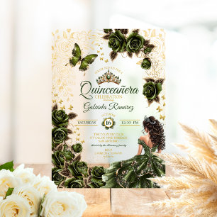 Smaragdgroene Gouden Tiara Bloemige Quinceañera Acryl Uitnodigingen