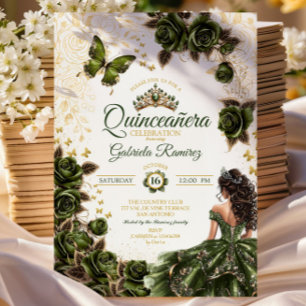 Smaragdgroene Gouden Tiara Bloemige Quinceañera Kaart