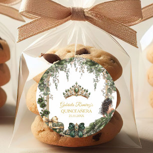 Smaragdgroene Gouden Tiara Bloemrijke Quinceañera Ronde Sticker