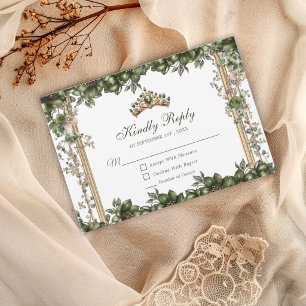 Smaragdgroene Gouden Tiara Bloemrijke Quinceañera RSVP Kaartje