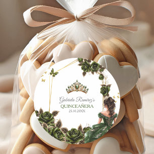 Smaragdgroene Gouden Tiara Rozen Quinceañera Ronde Sticker