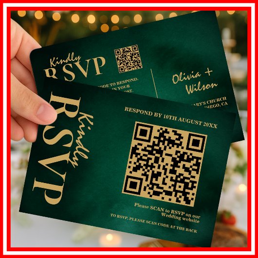 Smaragdgroene & Gouden Trouw QR Code RSVP Kaartje