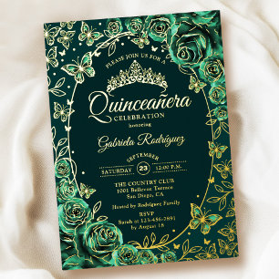 Smaragdgroene Gouden Vlinders Rozen Quinceanera Folie Uitnodiging