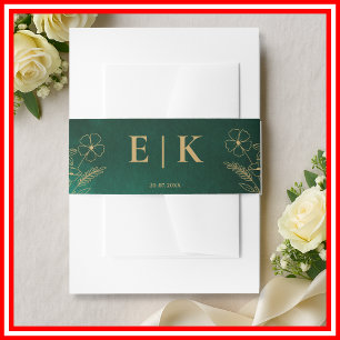 Smaragdgroene & Gouden Wilde Bloemen Monogram Huwe Uitnodigingen Wikkel