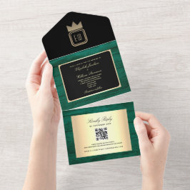 Smaragdgroene Gouden Zwarte Monogram Trouw Uitnodi All In One Uitnodiging