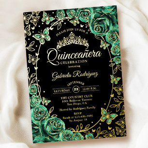 Smaragdgroene Gouden Zwarte Rozen Quinceanera Folie Uitnodiging