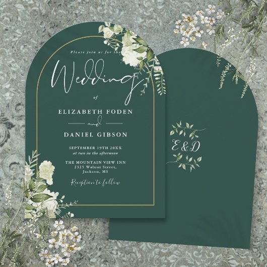 Smaragdgroene groene goud boog monogram bruiloft kaart