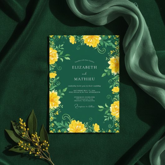 Smaragdgroene intense botanische bruiloft kaart