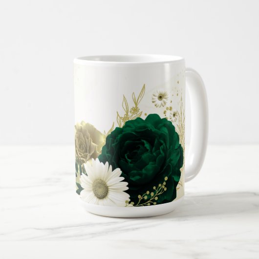 Smaragdgroene ivoor gouden bloemen bruiloft koffiemok (Voorkant rechts)