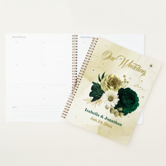 Smaragdgroene ivoor gouden bloemen bruiloft planner (Display)