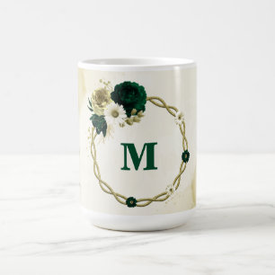 Smaragdgroene ivoor gouden bloemen monogram koffiemok