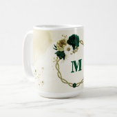 Smaragdgroene ivoor gouden bloemen monogram koffiemok (Voorkant links)