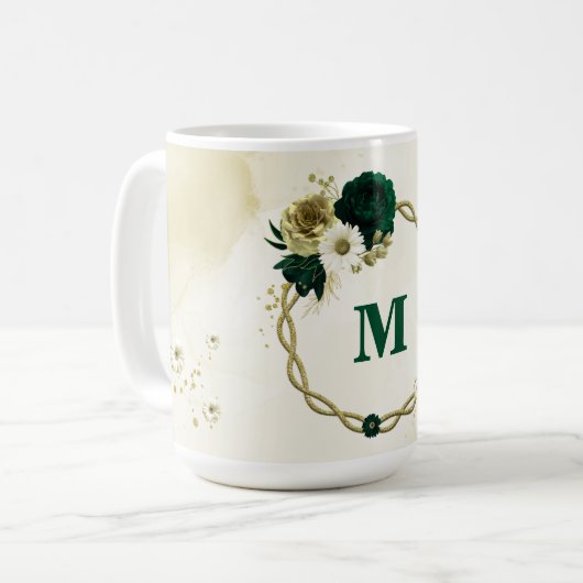Smaragdgroene ivoor gouden bloemen monogram koffiemok (Voorkant links)