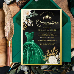Smaragdgroene jurk bloem zwart Quinceanera goud Folie Uitnodiging