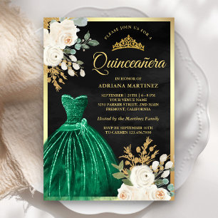 Smaragdgroene jurk bloemig zwart goud Quinceanera Kaart