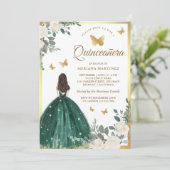 Smaragdgroene jurk Butterfly Gold Quinceanera Kaart (Staand voorkant)
