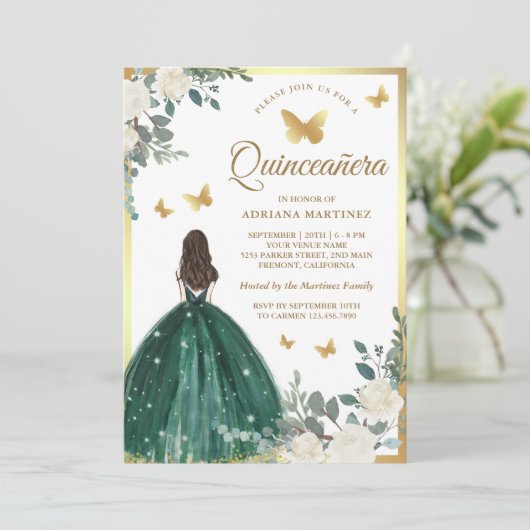 Smaragdgroene jurk Butterfly Gold Quinceanera Kaart (Staand voorkant)