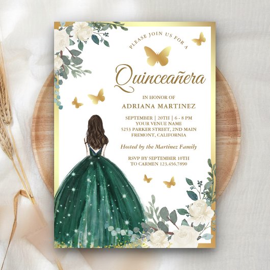 Smaragdgroene jurk Butterfly Gold Quinceanera Kaart