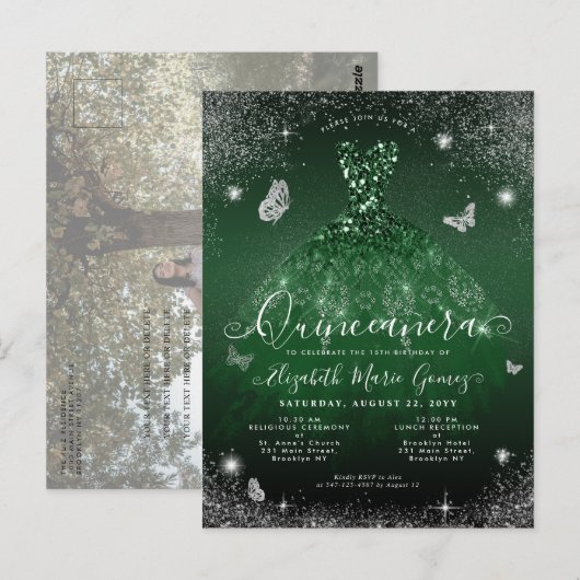 Smaragdgroene jurk zilveren foto quinceanera briefkaart (Voorkant / Achterkant)