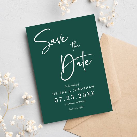 Smaragdgroene kalligrafie minimale bruiloft save the date