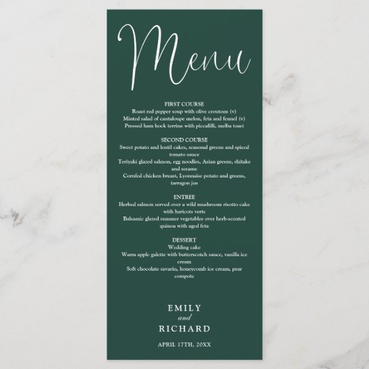 Smaragdgroene kalligrafie script bruiloft menu (Voorkant)