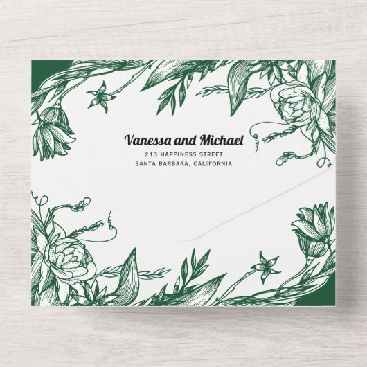  smaragdgroene lijn voor bloemen bruiloft all in one uitnodiging (Achterkant)