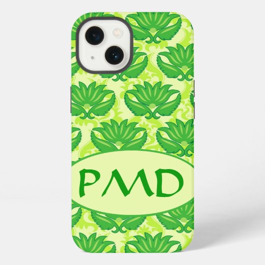 Smaragdgroene Limegroene Art Nouveau Damast Monogr iPhone Hoesje (Achterkant)