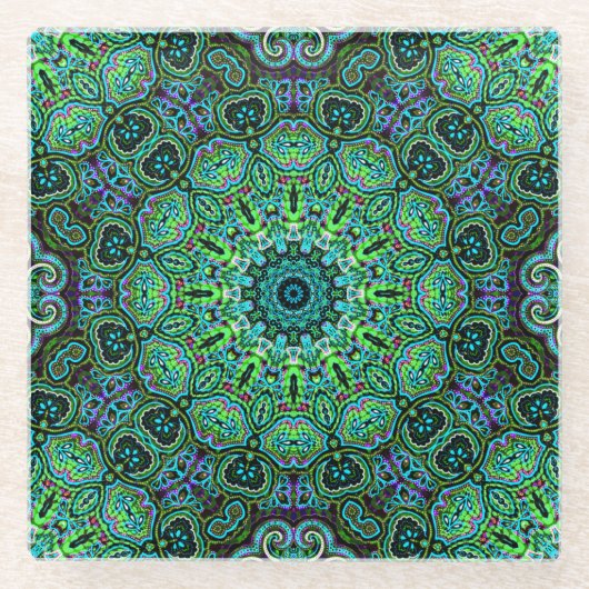 Smaragdgroene mandala-ontwerp glazen onderzetter (Voorkant)