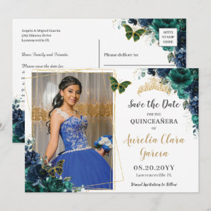 Smaragdgroene marine bloemrijke Quinceañera foto s Kaart