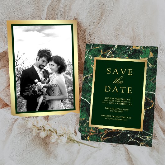 Smaragdgroene Marmeren Gouden Foto Bruiloft Save The Date