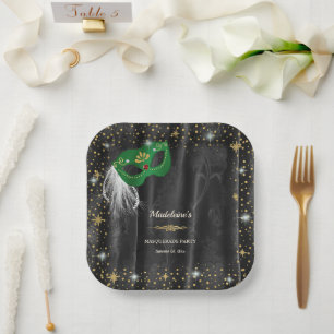 Smaragdgroene Masquerade Zwarte Damast Gouden Ster Papieren Bordje