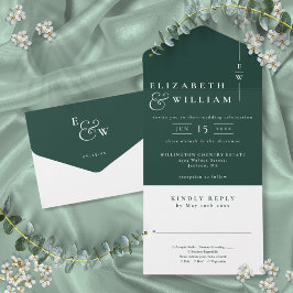 Smaragdgroene Minimalistische Elegante Monogram Tr All In One Uitnodiging