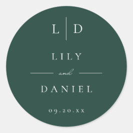 Smaragdgroene minimalistische monogram trouwgunst ronde sticker