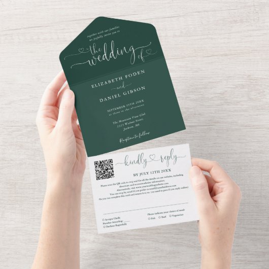 Smaragdgroene Minimalistische Script QR Code Huwel All In One Uitnodiging (Afscheurbaar)
