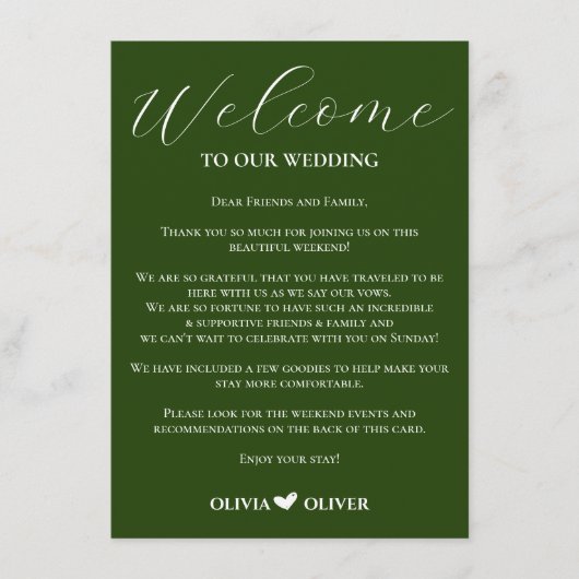 Smaragdgroene minimalistische trouwweekend route informatiekaartje (Voorkant)