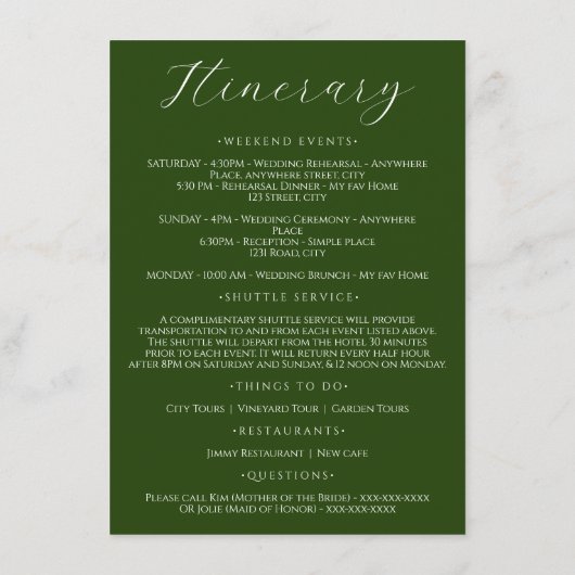 Smaragdgroene minimalistische trouwweekend route informatiekaartje (Achterkant)