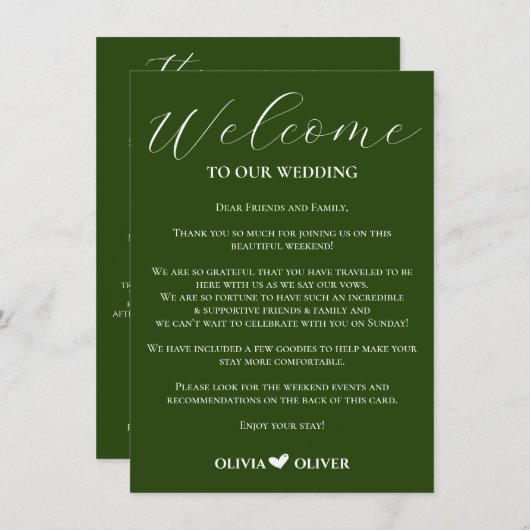 Smaragdgroene minimalistische trouwweekend route informatiekaartje (Voorkant / Achterkant)