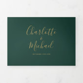 Smaragdgroene moderne gouden script monogram bruil drieluik uitnodiging (Cover)