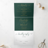 Smaragdgroene moderne gouden script monogram bruil drieluik uitnodiging (Binnen)