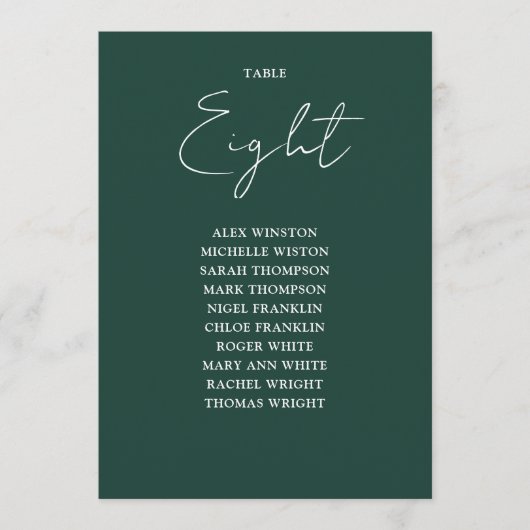 Smaragdgroene moderne zitplaatskaart tafelnummer (Voorkant)