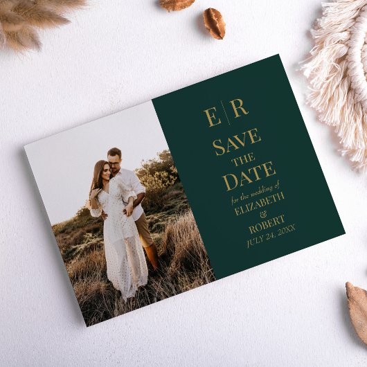 Smaragdgroene Monogram Aangepaste Foto Save the Da Kaart
