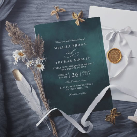 Smaragdgroene Monogram Elegante QR Code Bruiloft Kaart