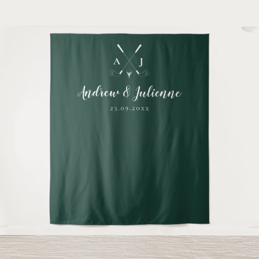 Smaragdgroene Monogram Golf Trouwfoto Achtergrond Wandkleed (Voorkant)